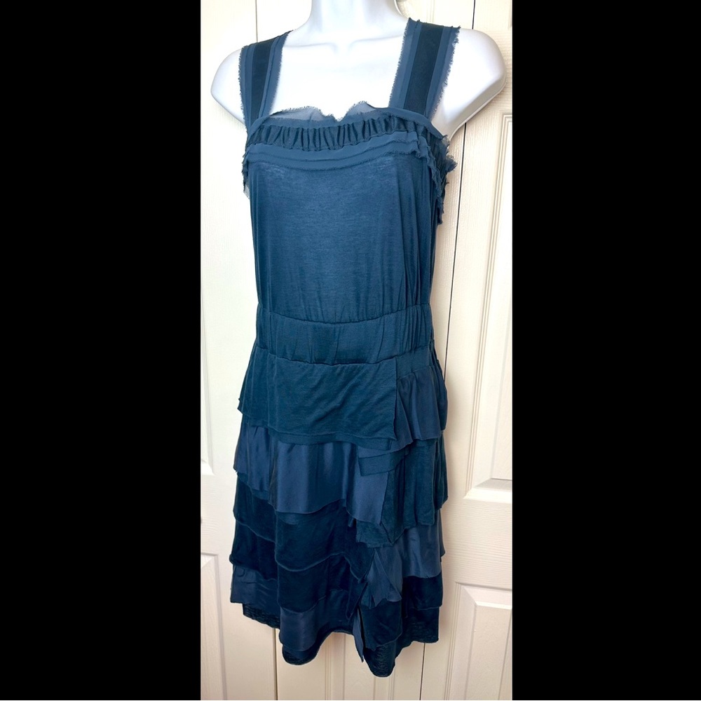 New BANANA REPUBLIC Blue Steel Tiered Ruffle Dress Silk Stretch Knit Pullover